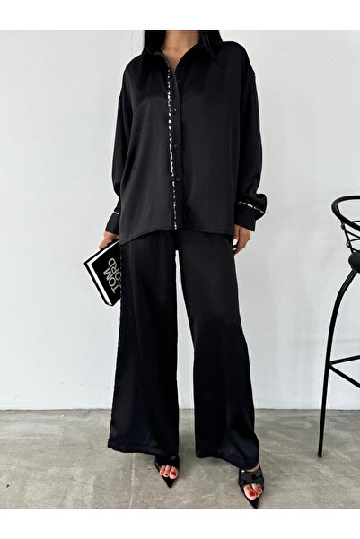 NEXUS LEOPAR DETAY SİYAH SATEN İKİLİ TAKIM