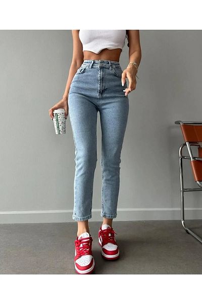 WODDİ Duryn Ice Snow Blue Acid Washed High Waist Mom Jeans