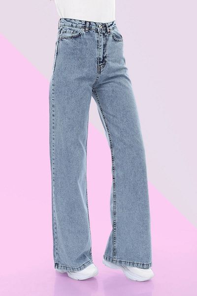 WODDİ Duryn Pamela Snow Wash Blue High Waist Lycra Palazzo Wide Leg Jeans Jeans