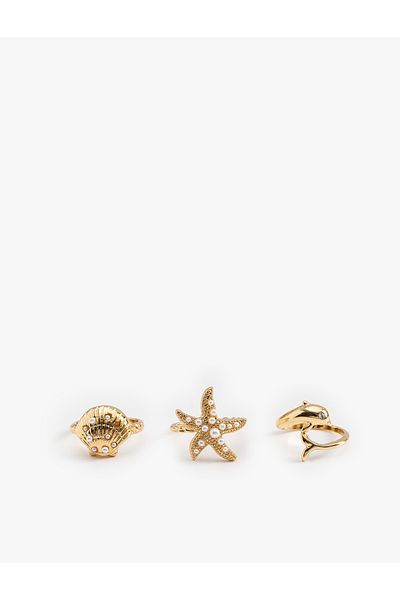 Koton Sea Themed Pearl Steel Blended Ring Set - Set of 3