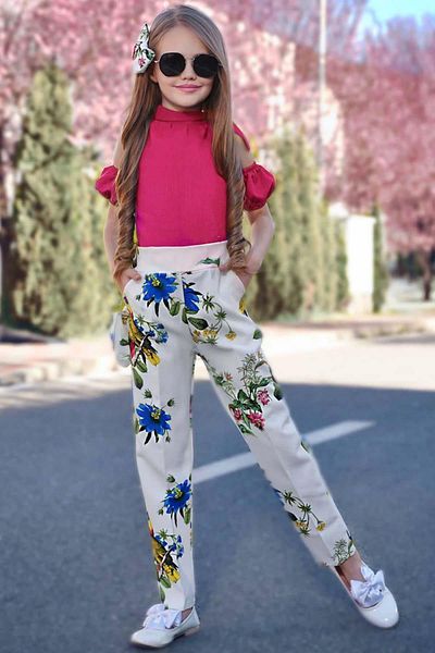 Riccotarz Girl's Parrot Printed Trousers Off-the-Shoulder Balloon Sleeve Detailed Fuchsia Blouse Top and Bottom Set