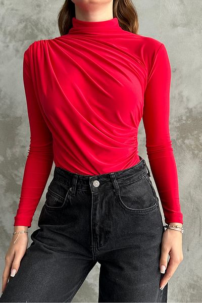 macharel jeans Women's Red Drawstring Detailed Stand Collar Sandy Blouse