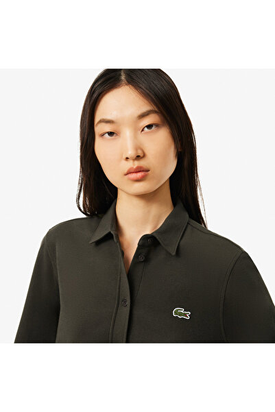 Lacoste Kadın Slim Fit Uzun Kollu Polo Yaka Haki Elbise