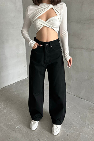 mooishan Kadın JeansMode Yüksek Bel Bol Paça Baggy Siyah Kot Pantolon