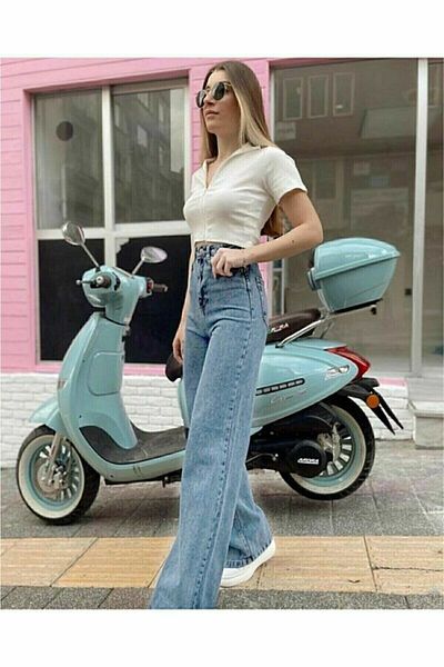 WODDİ Duryn 90' Women's Blue Snow Wash High Waist Comfort Lycra Loose Wide Leg Denim Palazzo Jeans Pants Jeans