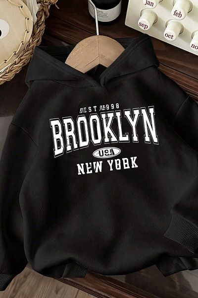 Know Unisex Black Oversize Brooklyn Usa New York Printed Hooded Sweatshirt Hoodie
