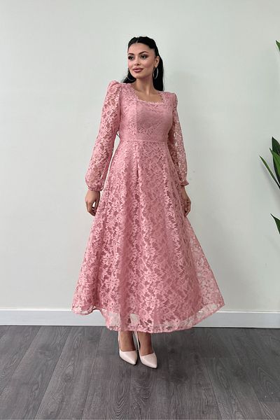 giyimmasalı Lace Fabric Square Neck Midi Dress Dress - Pudra