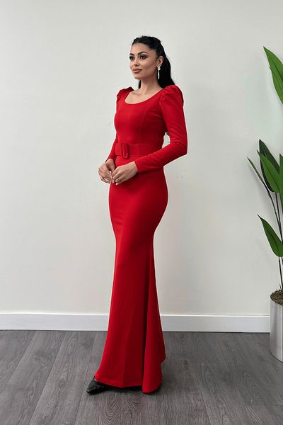 giyimmasalı Crepe Fabric Belt Detailed Fish Dress - Red
