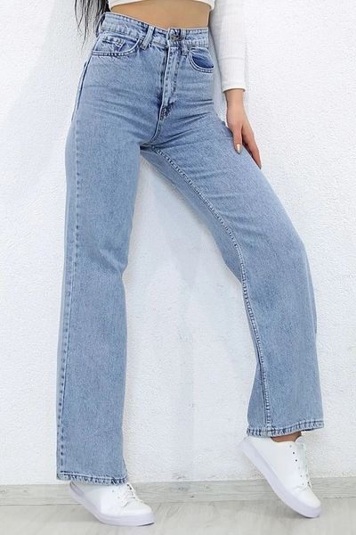 WODDİ Duryn Pamela Women's 90's Wide Leg Blue Snow Wash Loose High Waist Lycra Palazzo Jeans Denim Pants