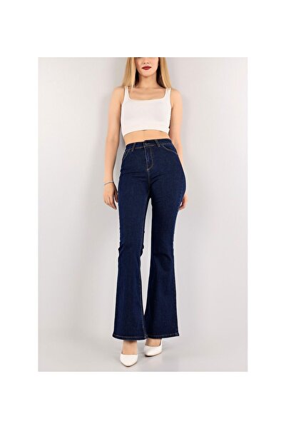 mooishan بنطلون جينز نسائي من قماش الدنيم باللون الأزرق الداكن بخصر عالٍ من ا...