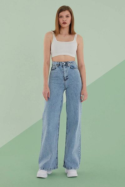 WODDİ Duryn Blue Women's 90's Wide Leg Blue Snow Wash Loose High Waist Lycra Palazzo Jeans Denim Pants