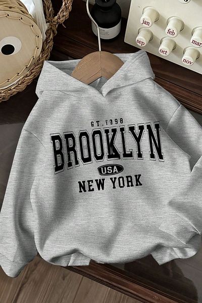 Know Unisex Gray Oversize Brooklyn Usa New York Printed Hooded Sweatshirt Hoodie