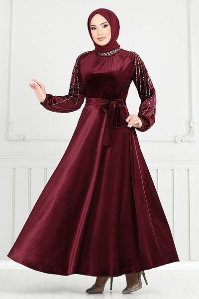 ModaMerve Stone Detailed Velvet Evening Dress - Burgundy 2014Efy931-M