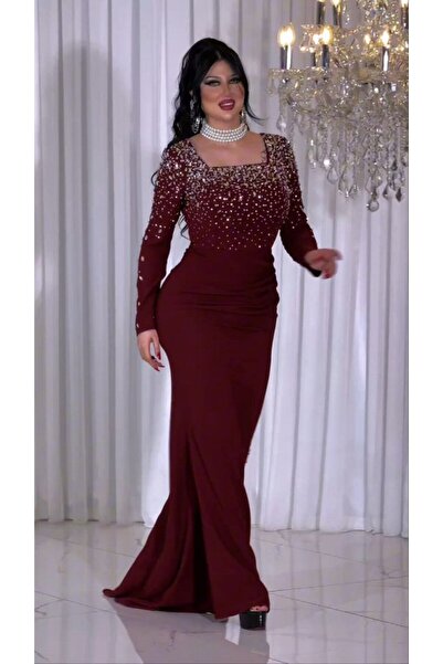 ZENABİYEM Zena Fashion Kare Yaka Yırtmaç Detaylı Kuyruklu Taş Baskı Abiye Elbise