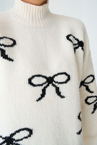 Qu Style Women's Cream Half Fisherman Ribbon Motif Knitwear Sweater