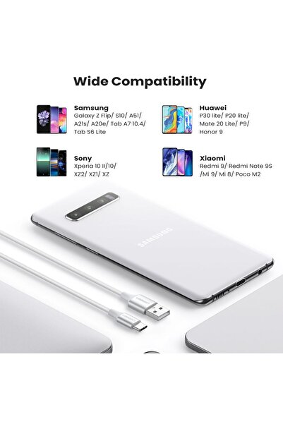 Ugreen كابل شحن ومزامنة بيانات مضفر من الألومنيوم USB إلى USB-C بطول 1 متر - أبيض