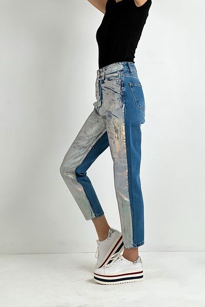 Miss Poem Blugi de damă cu picioare largi, talie înaltă, pantaloni din denim gri Mom