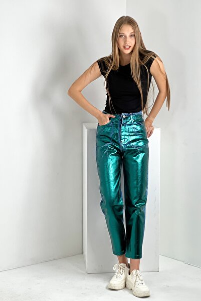 Miss Poem Γυναικείο τζιν φαρδύ ψηλόμεσο Mom πράσινο τζιν παντελόνι