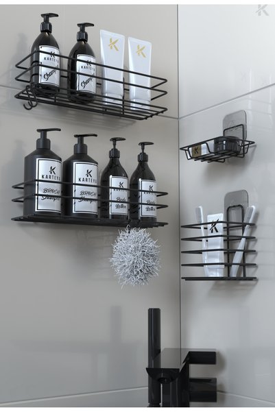 VİE HOUSE Black Metal Bathroom Shelf - Set of 4 Organizer with Adhesive and Soap Holder