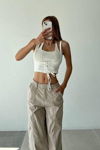 misigo BIRD EYE TIE CROP BLUZ ECRU