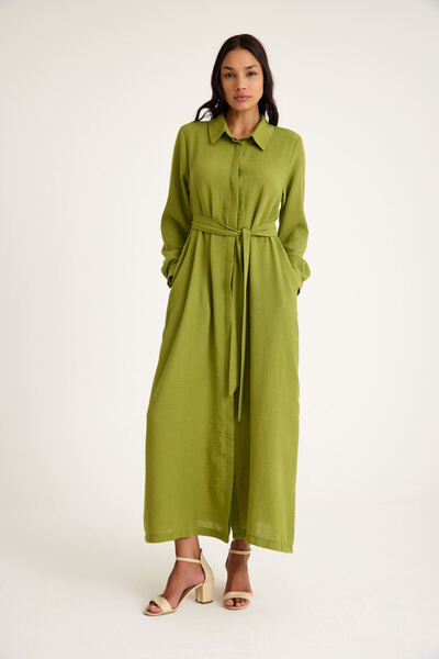Mizalle Keten Dokulu Gömlek Yeşil Elbise
