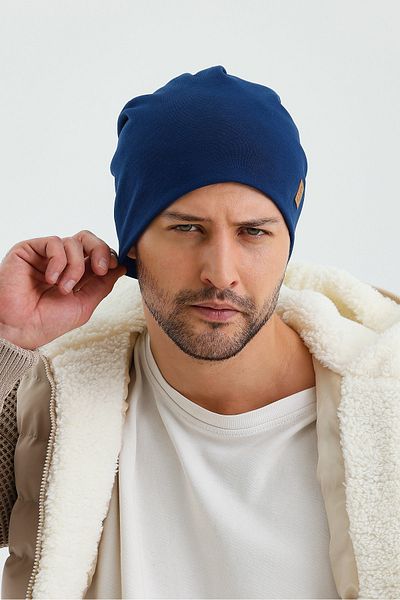 Butikgiz Men's Light Navy Blue Thermal 100% Cotton Soft 2 Style in 1 Beret Premium Cuts Series