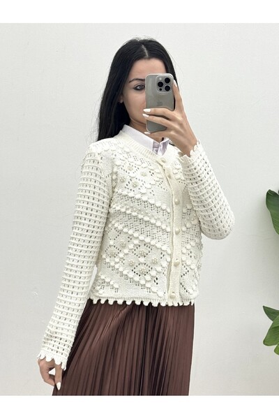 Modamorfo Pearl Detailed Buttoned Pompom Cardigan -White