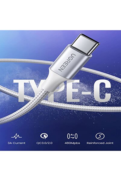 Ugreen USB-C Erkek - USB 2.0 Erkek Kablo Alüminyum Örgü 3m - Gümüş