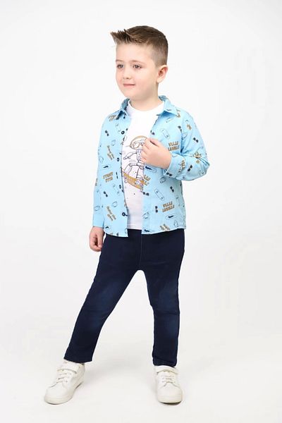 Hafez Kids Denim Trousers 3 Piece Set Glasses Printed Shirt and Skateboard Printed Blouse