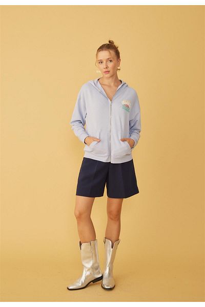 TUBİA Hanorac cardigan imprimat cu glugă, cu fermoar la spate, de culoare albastră