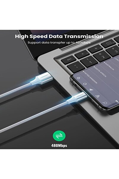 Ugreen كابل شحن ومزامنة بيانات مضفر من الألومنيوم USB إلى USB-C بطول 1 متر - أبيض