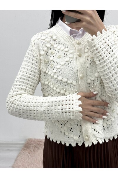 Modamorfo Pearl Detailed Buttoned Pompom Cardigan -White