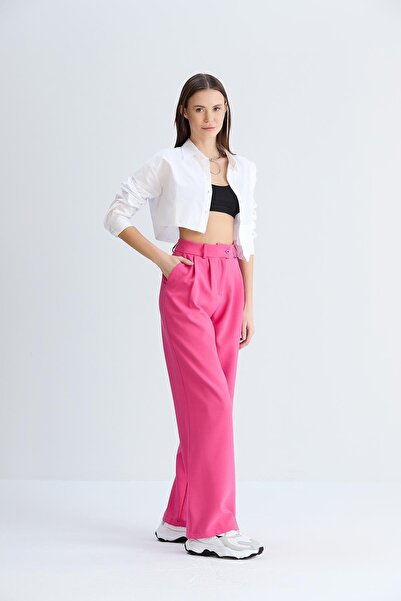 Sılversun Women's Relaxed Fit Wide Leg High Waist Classic Model Fuchsia Color Fabric Trousers