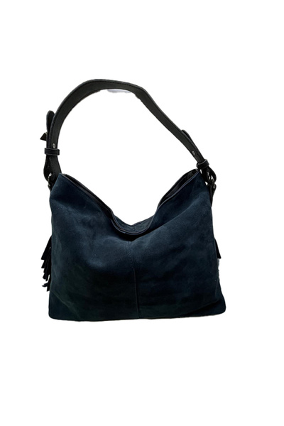 HBS ÇANTA PETROL MAVİSİ Hakiki Deri Süet Püskül Detaylı Kadın Omuz Çantası