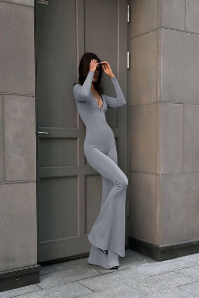 Fashiontayt Scuba Fabric Front Hidden Zipper Long Sleeve Spanish Leg Jumpsuit
