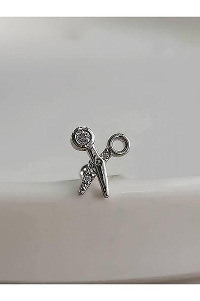 Eva Takı Store Silver Silver Color Scissor Model Cartilage Piercing - Tragus Helix Earrings