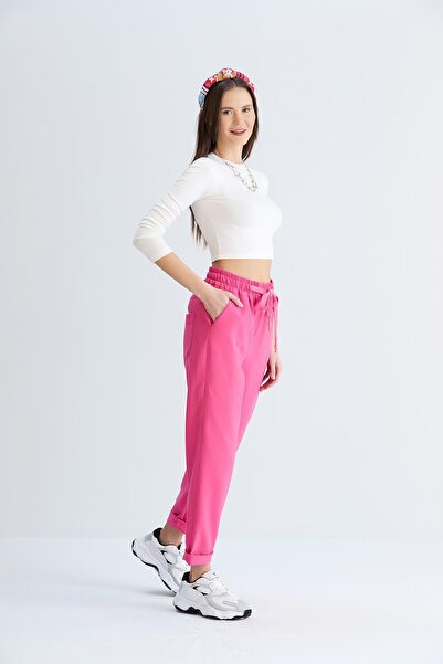 nurneva بنطلون نسائي ذو لون فوشيا بخصر مطاطي بطول الكاحل وساق مزدوجة موديل أساسي