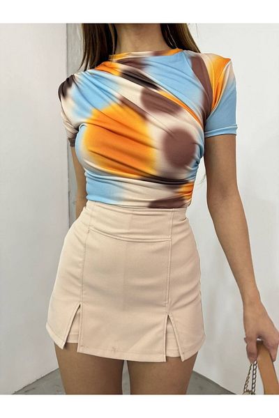 Modamorfo Aprikosenfarbene, mit Batikmuster bedruckte Sendy-Bluse mit Kordelzug an Schulter und Taille