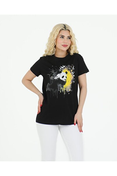 nurneva Γυναικείο μπλουζάκι με λαιμόκοψη μίντι μήκους Panda με τύπωμα μαύρο μ...