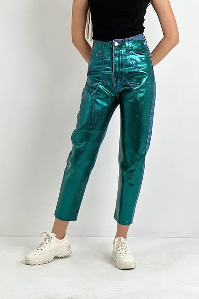 Miss Poem Blugi de damă cu picioare largi, talie înaltă, pantaloni din denim verde mom