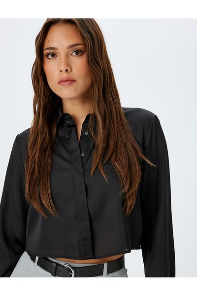 Koton Classic Lapel Long Sleeve Regular Fit Crop Shirt