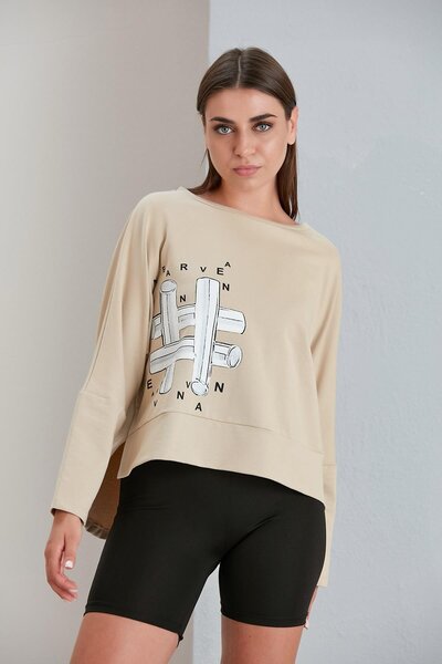 nurneva Φούτερ με λαιμόκοψη με τύπωμα με δύο κλωστές Sand