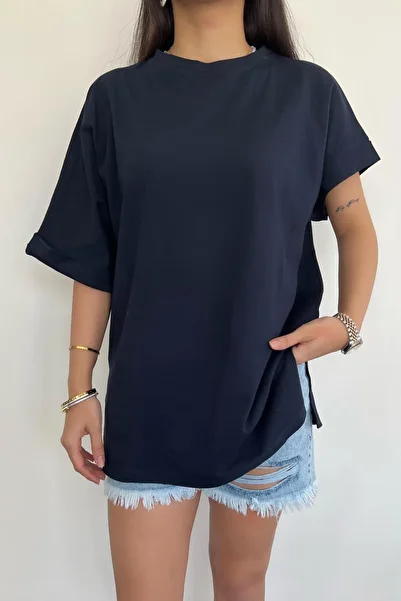 misigo SLEEVE FOLD OVERSIZE BICYCLE COLLAR T-SHIRT NAVY BLUE