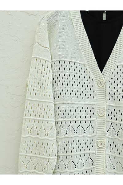 Modamorfo Openwork Cardigan with Patterned Sleeves and Button Detail - Stone