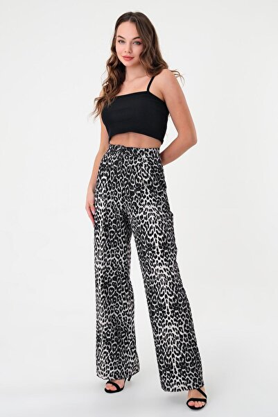 polle Kadın Siyah Pix Leopar Desenli Yüksek Bel Palazzo Pantolon