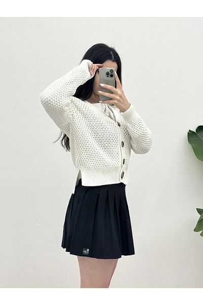Modamorfo White Openwork Cardigan - Bone Button and Slit