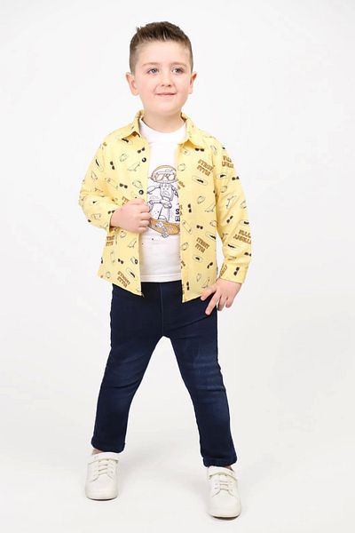 Hafez Kids Denim Trousers 3 Piece Set Glasses Printed Shirt and Skateboard Printed Blouse