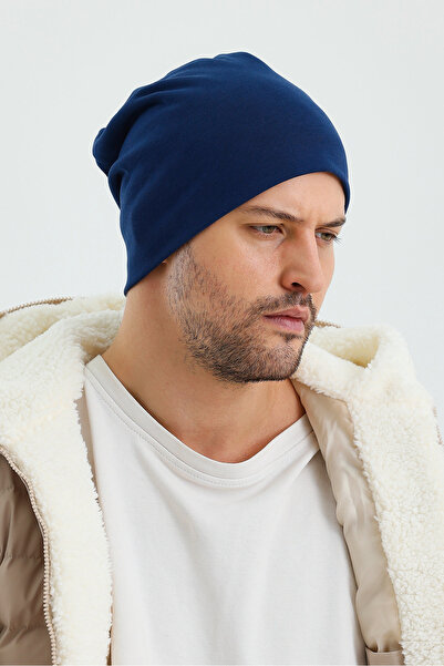 Butikgiz Чоловіча відкрита темно-синя термошапка з 100% бавовни, м'яка, 2 стилі в одному, серія Premium Cuts