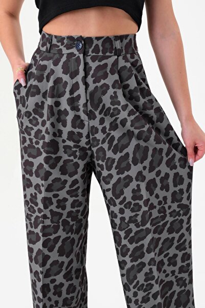 Hazel Kadın Füme Pix Leopar Desenli Yüksek Bel Palazzo Pantolon