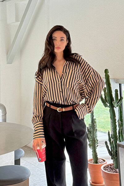Serica Moda Düşük Omuz Oversize Çizgili Gömlek